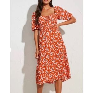 Faithfull the Brand Velika orange midi dress size 2 xs spring travel floral boho